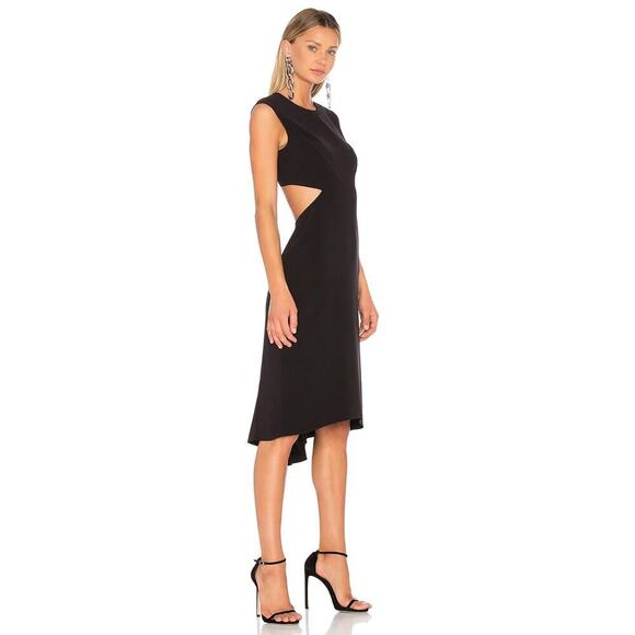 Halston Cutout Crepe Dress Size 8 Black Midi Sleeveless Classic LBD Designer - Picture 2 of 14